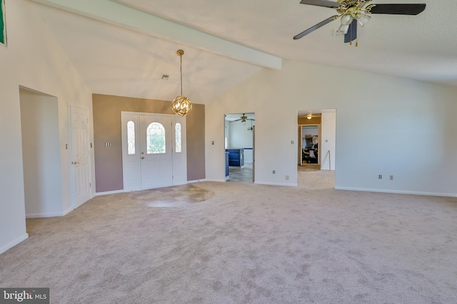 3 Dusty Rd, Easton, PA 18045 - entryway featuring baseboards, ceiling fan, lofted ceiling with beams, and carpet floors