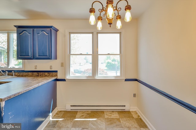 3 Dusty Rd, Easton, PA 18045 - kitchen with blue cabinetry, a chandelier, baseboards, and a baseboard radiator