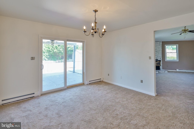 3 Dusty Rd, Easton, PA 18045 - carpeted empty room with baseboards, ceiling fan with notable chandelier, and baseboard heating