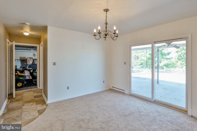 3 Dusty Rd, Easton, PA 18045 - unfurnished room featuring baseboards, a chandelier, light carpet, and a baseboard radiator