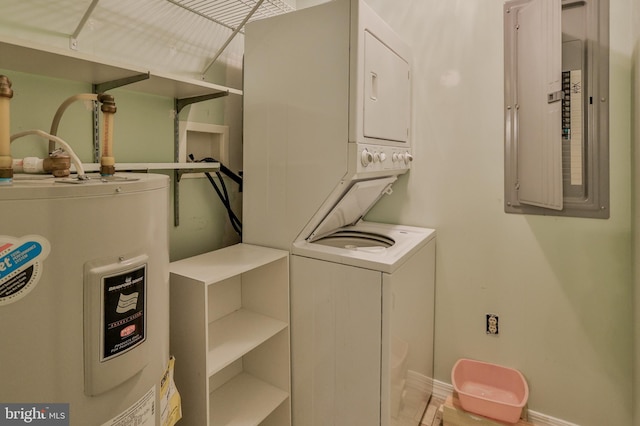 3 Dusty Rd, Easton, PA 18045 - washroom with laundry area, electric panel, stacked washer / drying machine, baseboards, and water heater