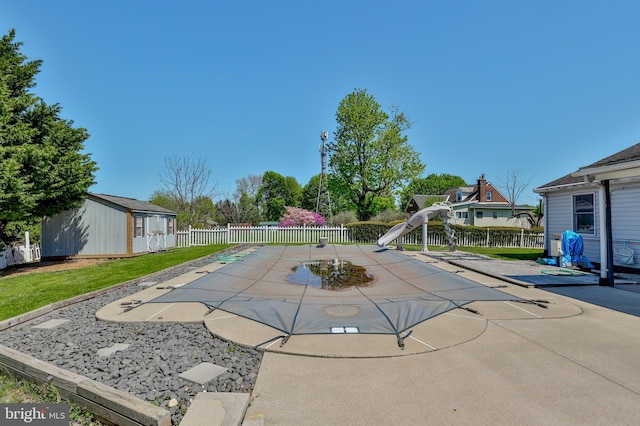 3 Dusty Rd, Easton, PA 18045 - view of pool with a fenced backyard, a water slide, an outbuilding, and a patio