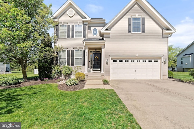traditional-style home featuring an attached garage, concrete driveway, and a front lawn
