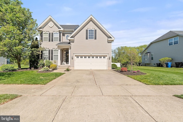 traditional-style home featuring driveway, a front lawn, and a garage