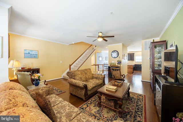 living area featuring crown molding, dark wood-style flooring, baseboards, ceiling fan, and stairway