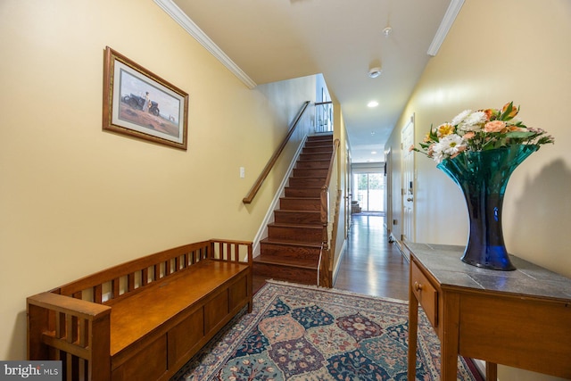stairs featuring crown molding, recessed lighting, and wood finished floors