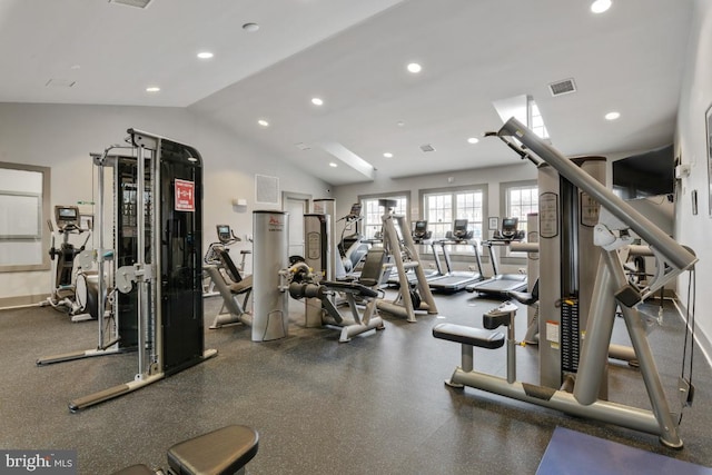 workout area with recessed lighting, lofted ceiling, and visible vents