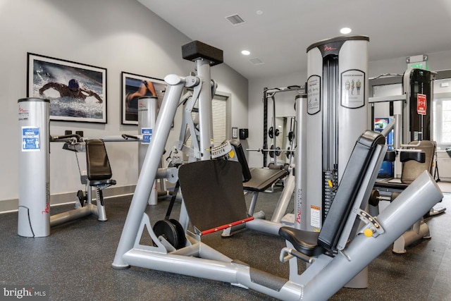exercise room featuring recessed lighting and visible vents