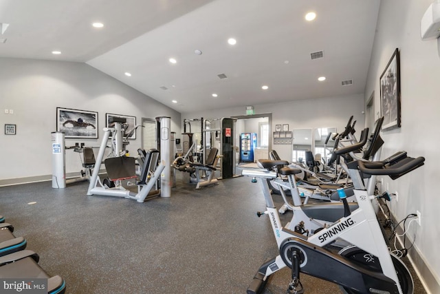 workout area with recessed lighting, vaulted ceiling, and visible vents