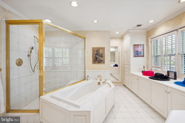 1219 Potomac School Rd, Mclean, VA 22101 - bathroom with ornamental molding, a shower stall, and a garden tub