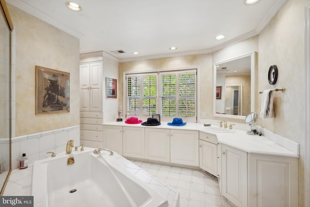 1219 Potomac School Rd, Mclean, VA 22101 - bathroom with crown molding, recessed lighting, visible vents, and a bath