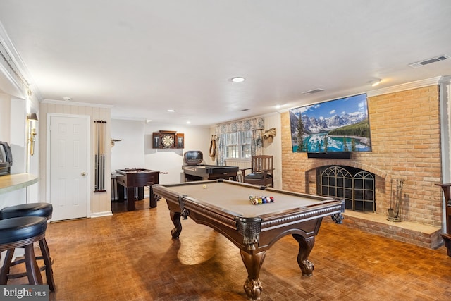 1219 Potomac School Rd, Mclean, VA 22101 - rec room with billiards, ornamental molding, a fireplace, and visible vents