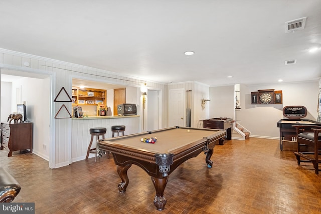 1219 Potomac School Rd, Mclean, VA 22101 - recreation room with billiards, visible vents, baseboards, ornamental molding, and recessed lighting