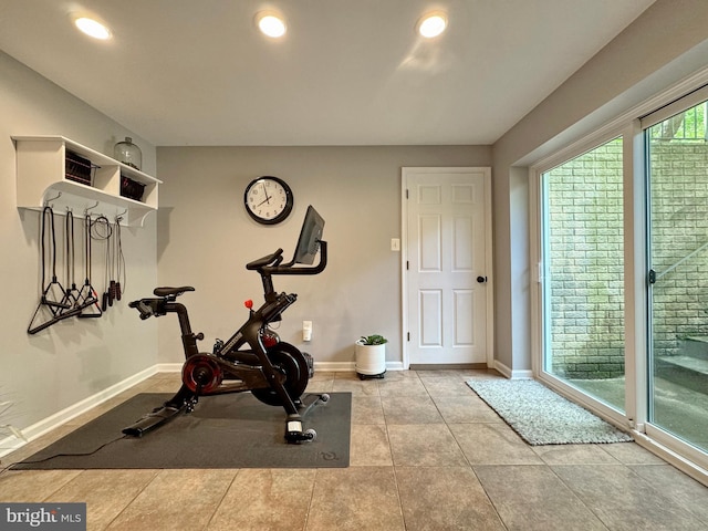 1351 Matthew Dr, Huntingtown, MD 20639 - exercise room featuring tile patterned floors, baseboards, and recessed lighting