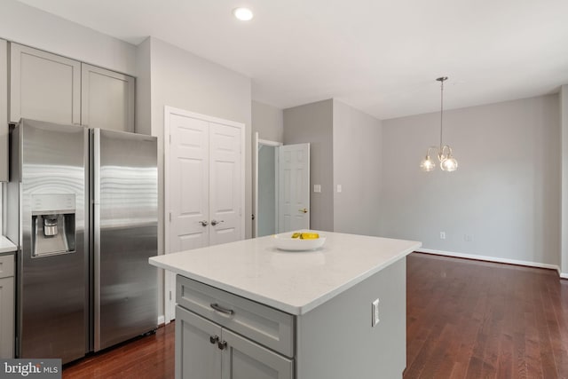 5811 Summerlake Way, Centreville, VA 20120 - kitchen featuring stainless steel fridge, gray cabinets, dark wood finished floors, and a notable chandelier
