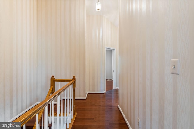 5811 Summerlake Way, Centreville, VA 20120 - hall with baseboards, wallpapered walls, dark wood-style flooring, and an upstairs landing