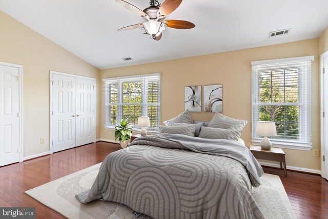 5811 Summerlake Way, Centreville, VA 20120 - bedroom featuring visible vents, baseboards, lofted ceiling, and wood finished floors