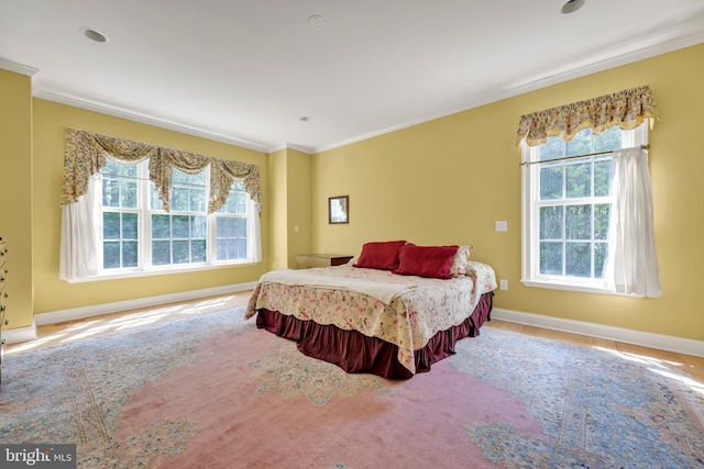 bedroom with crown molding, multiple windows, and baseboards