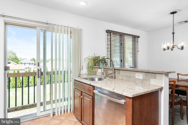 221 Orchard Ave, Burlington, NJ 08016 - kitchen featuring stainless steel dishwasher, visible vents, an inviting chandelier, light stone counters, and a sink