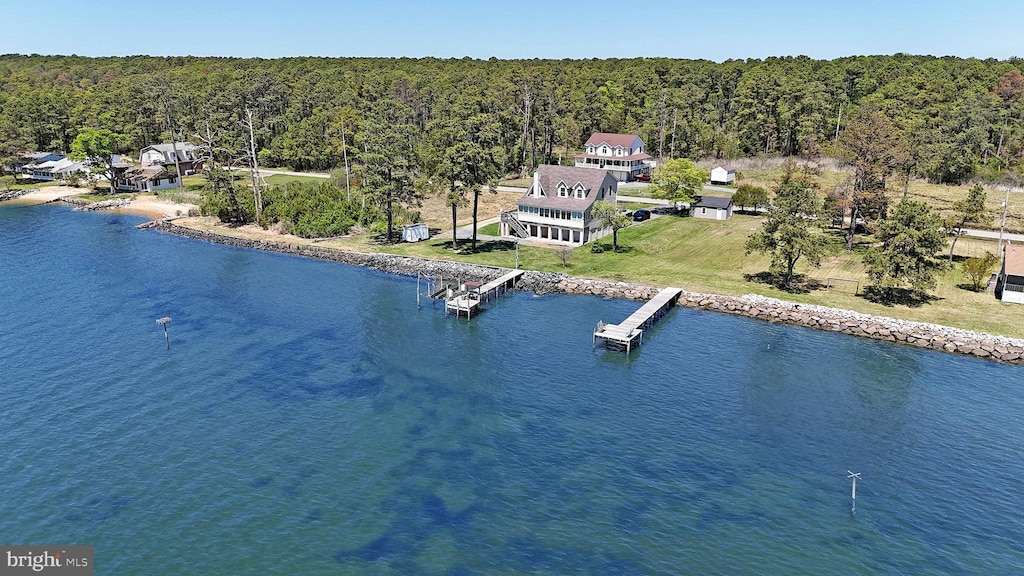 drone / aerial view featuring a forest view and a water view