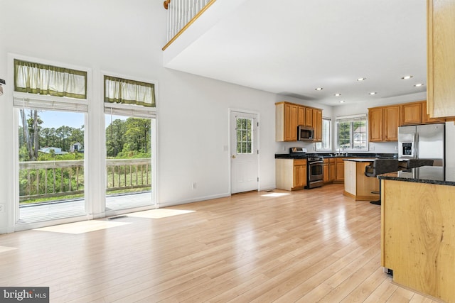 40461 Old Breton Beach Rd, Leonardtown, MD 20650 - kitchen with stainless steel appliances, light wood-type flooring, recessed lighting, dark stone countertops, and a center island