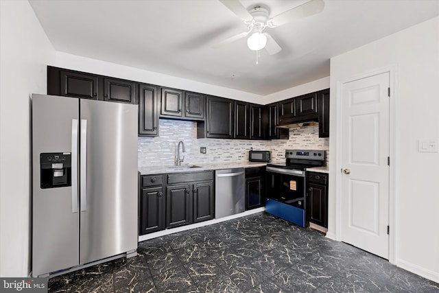 kitchen with decorative backsplash, a ceiling fan, appliances with stainless steel finishes, a sink, and dark floors