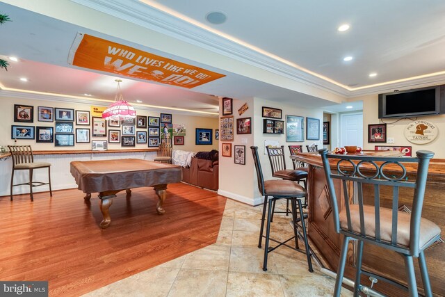 75 NW Dr, Huntingtown, MD 20639 - playroom with ornamental molding, a raised ceiling, billiards, recessed lighting, and light tile patterned floors