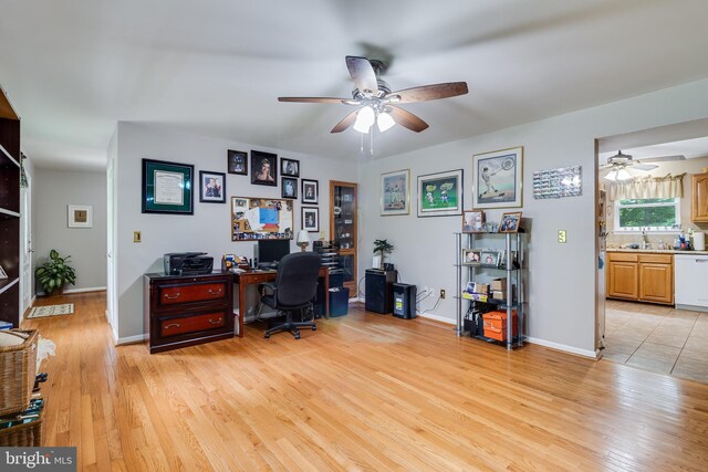 75 NW Dr, Huntingtown, MD 20639 - office space featuring ceiling fan, a sink, light wood-type flooring, and baseboards