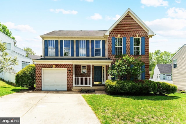 traditional-style home with covered porch, driveway, a front yard, brick siding, and an attached garage