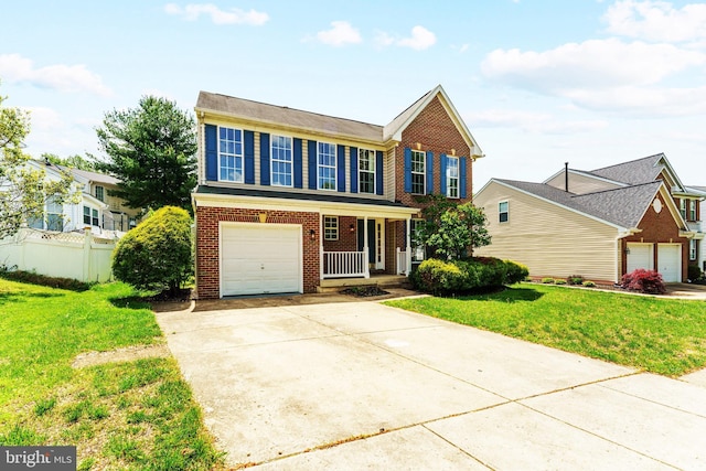 traditional home featuring a porch, brick siding, and a front yard