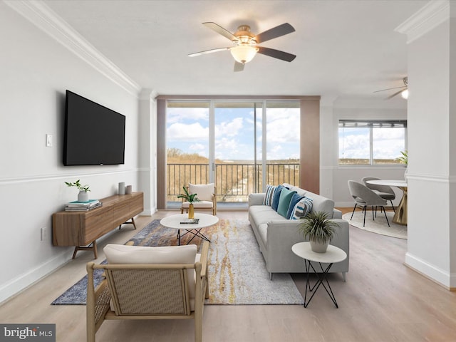 living area featuring crown molding, a ceiling fan, baseboards, and wood finished floors