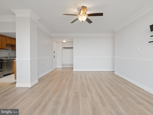 unfurnished living room featuring crown molding, a ceiling fan, and light wood finished floors