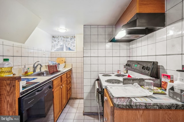 5506 39th Ave, Hyattsville, MD 20781 - kitchen featuring range with electric cooktop, tile walls, a sink, dishwashing machine, and brown cabinetry