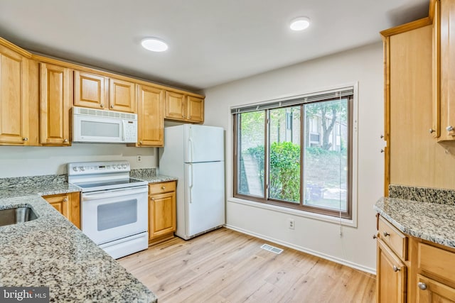 20003 Hob Hill Way, Gaithersburg, MD 20886 - kitchen featuring white appliances, light wood finished floors, light stone countertops, and baseboards