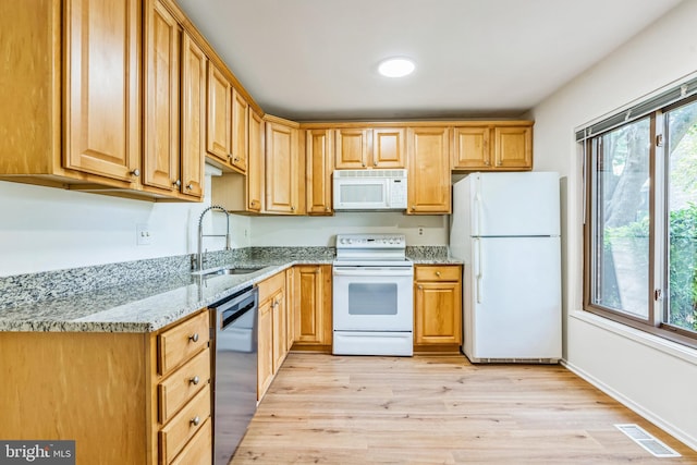20003 Hob Hill Way, Gaithersburg, MD 20886 - kitchen with white appliances, a sink, light stone countertops, and light wood finished floors