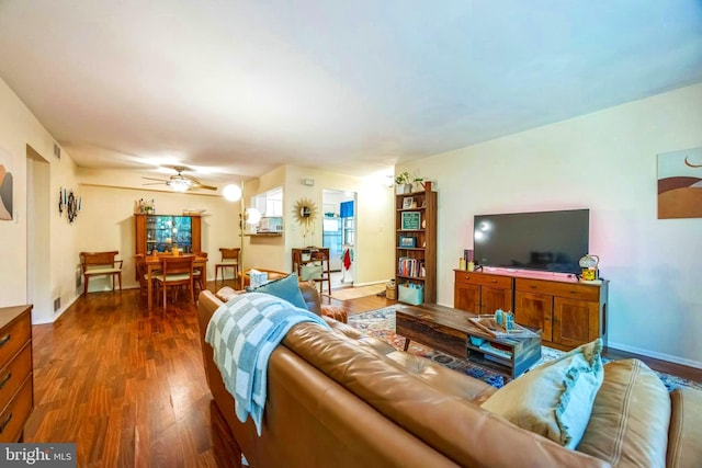 165 Bradford Ct, Mount Laurel, NJ 08054 - living room featuring dark wood-style flooring, ceiling fan, and baseboards