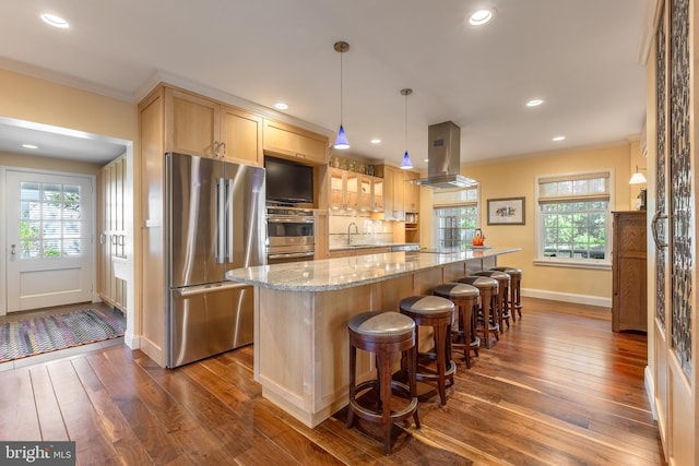 465 Hillcrest Ave, State College, PA 16803 - kitchen with a sink, freestanding refrigerator, dark wood finished floors, and island range hood