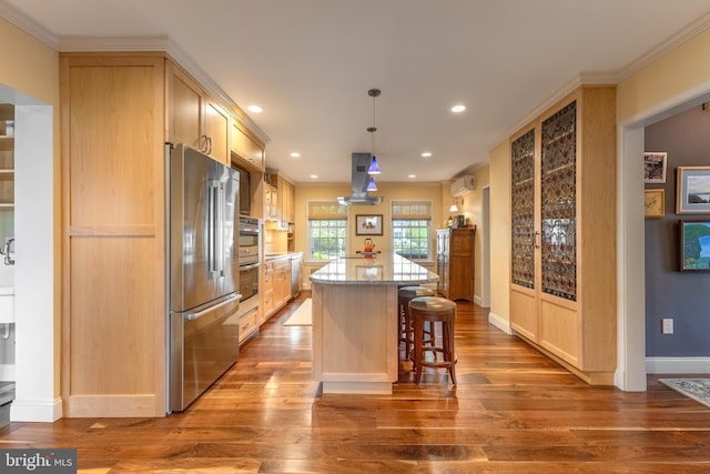 465 Hillcrest Ave, State College, PA 16803 - kitchen with a kitchen island, appliances with stainless steel finishes, island range hood, and wood finished floors