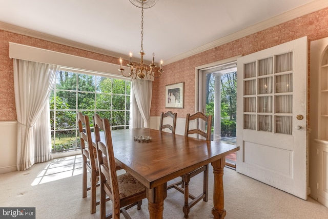 465 Hillcrest Ave, State College, PA 16803 - dining area featuring an inviting chandelier, ornamental molding, light carpet, and wallpapered walls
