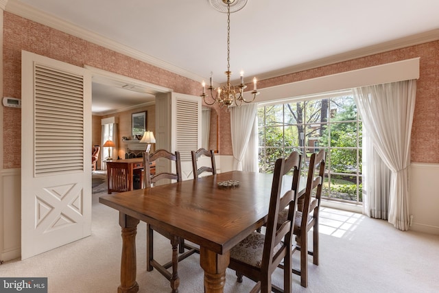 465 Hillcrest Ave, State College, PA 16803 - dining space featuring plenty of natural light, light colored carpet, wainscoting, a chandelier, and wallpapered walls