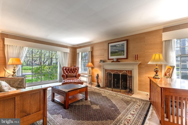 465 Hillcrest Ave, State College, PA 16803 - living area featuring a brick fireplace, ornamental molding, and a wealth of natural light