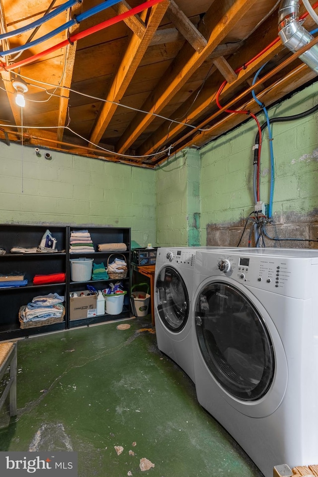465 Hillcrest Ave, State College, PA 16803 - clothes washing area with concrete block wall, laundry area, and washing machine and dryer