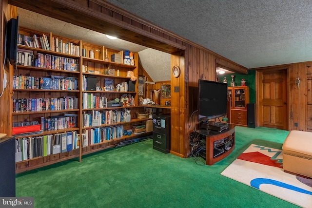 465 Hillcrest Ave, State College, PA 16803 - sitting room featuring crown molding, a textured ceiling, carpet, and wooden walls