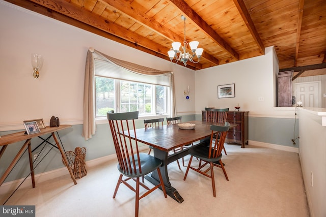 dining room with wood ceiling, light carpet, beamed ceiling, and a notable chandelier