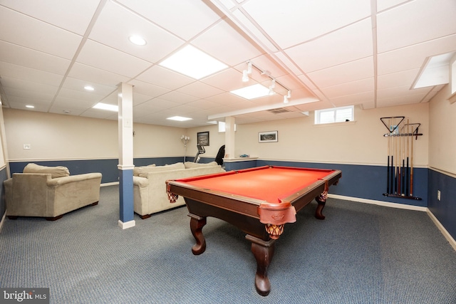game room featuring carpet flooring, pool table, a drop ceiling, and baseboards