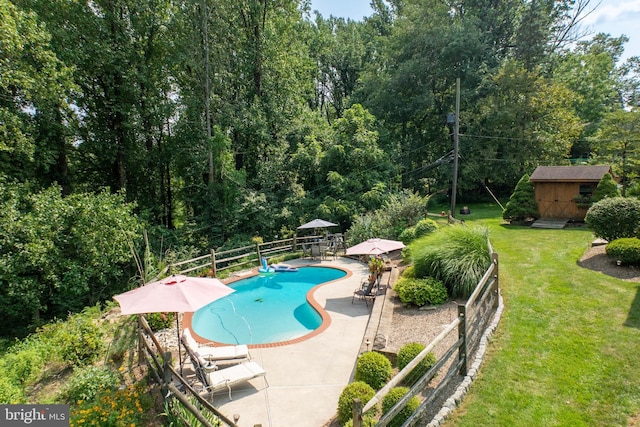 view of pool with fence, a fenced in pool, a yard, and a patio area