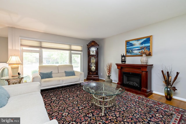 living room with baseboards, a glass covered fireplace, and wood finished floors
