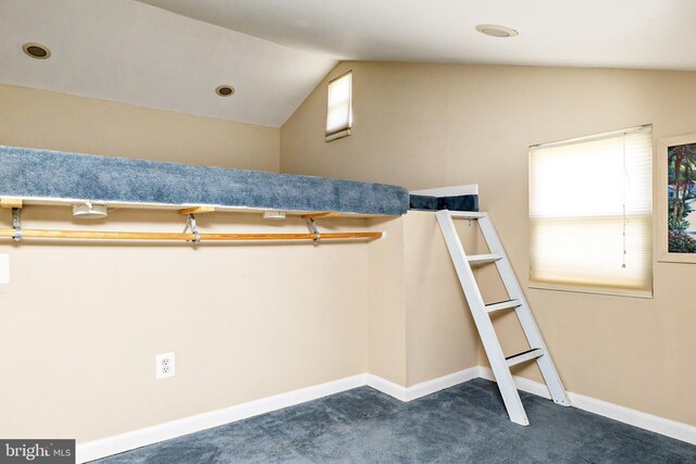 walk in closet featuring dark carpet and lofted ceiling