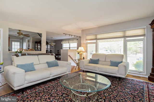 living room featuring ceiling fan with notable chandelier, rail lighting, wood finished floors, and visible vents