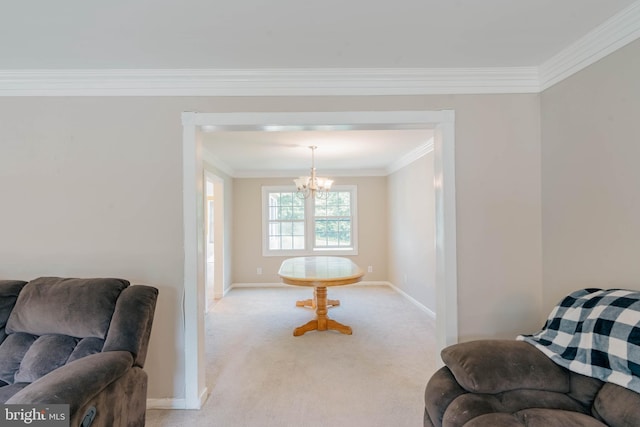 living area featuring crown molding, light carpet, a chandelier, and baseboards